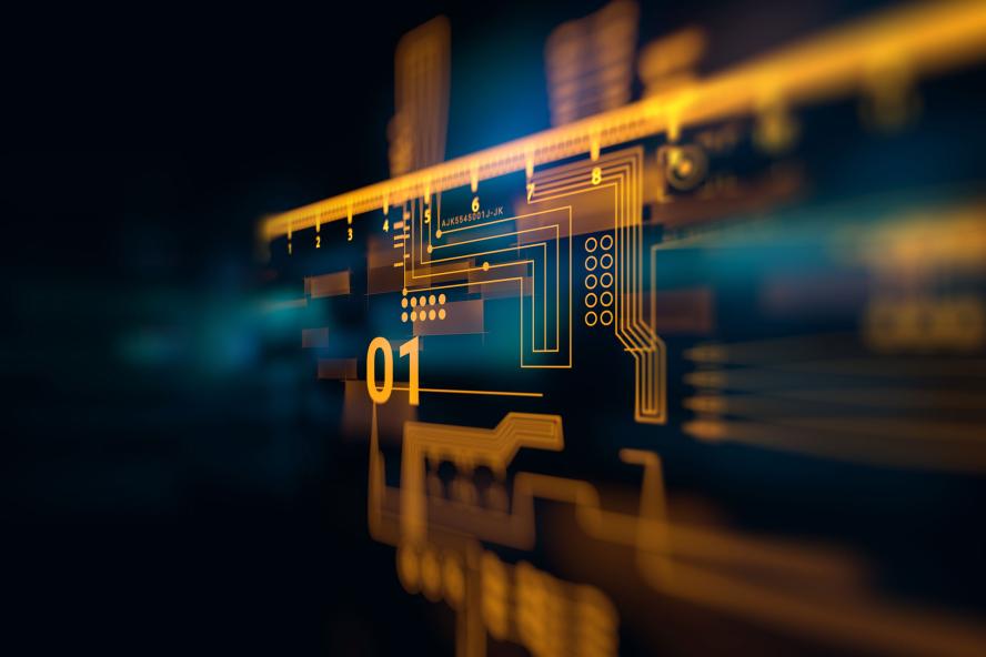 A futuristic circuit board represented in three dimensions