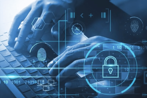 Hands typing a laptop keyboard, with an overlay of blue and images of a lock and other forms of online security.